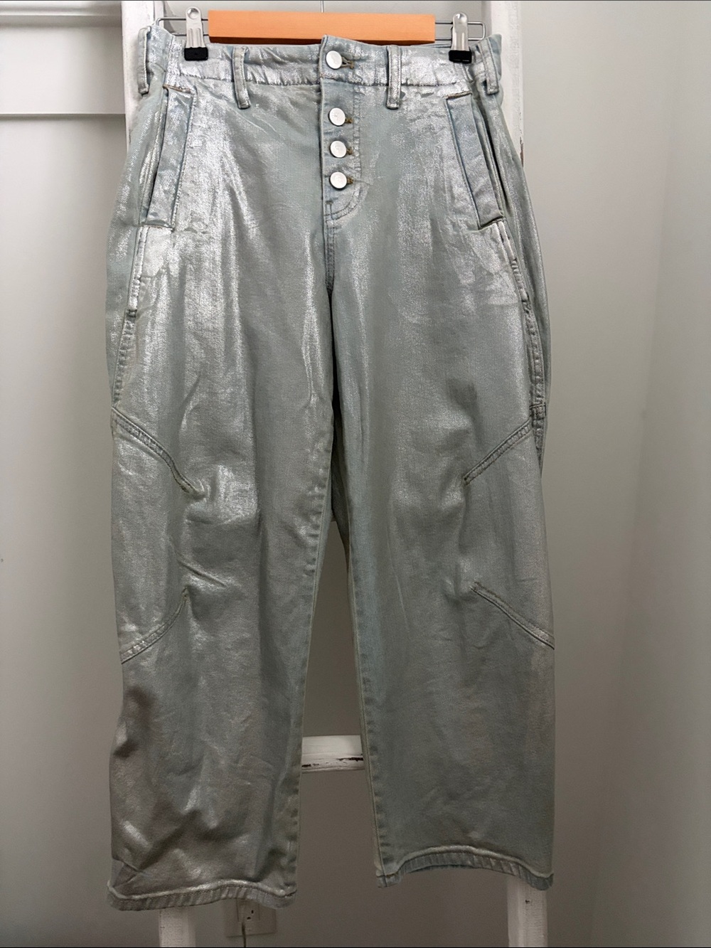Pilcro Light Blue Denim Silver Coated Button-Front Jeans